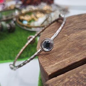 Elegant Silver Covered Brass Bangle with Clear Window Gemstone B3434